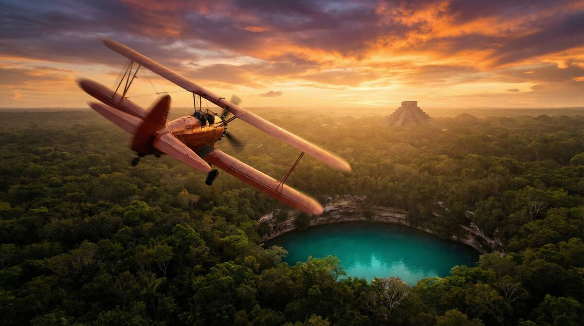 Aviator en Jubilee Casino - Avión volando sobre cenotes de Yucatán