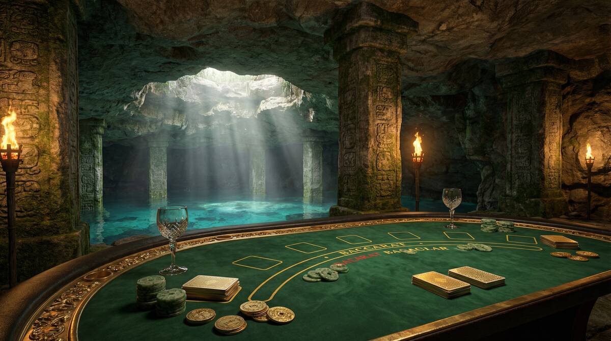 Mesa de bacará elegante en Jubilee Casino con ambiente de cenote